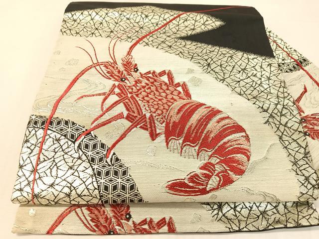 平和屋着物●アンティーク 大正ロマン 九寸名古屋帯 海老 黒地 銀糸 正絹 逸品 CABK4475vp