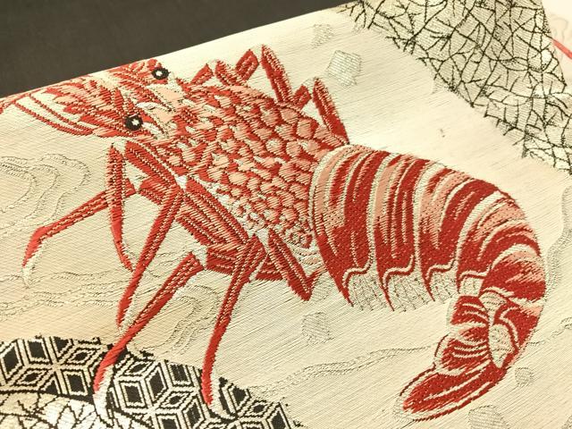 平和屋着物●アンティーク 大正ロマン 九寸名古屋帯 海老 黒地 銀糸 正絹 逸品 CABK4475vp
