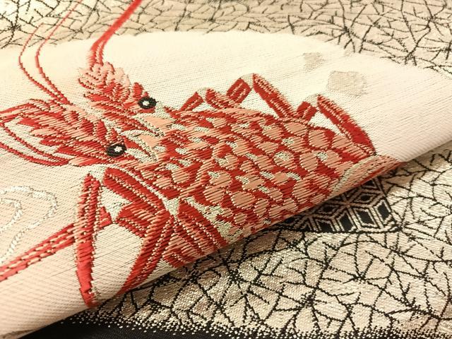 平和屋着物●アンティーク 大正ロマン 九寸名古屋帯 海老 黒地 銀糸 正絹 逸品 CABK4475vp
