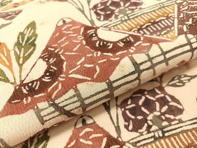 平和屋着物●九寸名古屋帯 型染め 風景花文 正絹 逸品 CABK4492vp