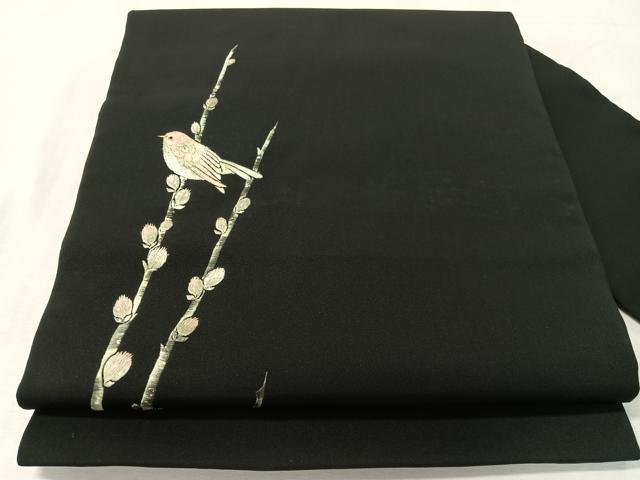 平和屋着物●九寸名古屋帯 総刺繍 休み鳥 黒地 金糸 正絹 逸品 CABK4493vp
