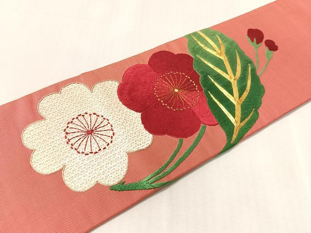 平和屋着物●アンティーク 大正ロマン 九寸名古屋帯 総手刺繍 駒刺繍 草花文 正絹 逸品 CABK4528vp