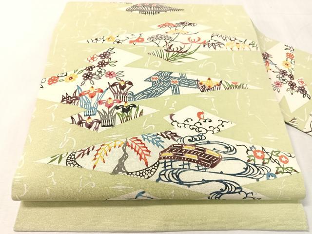 平和屋着物●九寸名古屋帯 紬地 琉球紅型 松皮菱風景花文 正絹 逸品 CABK4534vp
