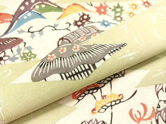 平和屋着物●九寸名古屋帯 紬地 琉球紅型 松皮菱風景花文 正絹 逸品 CABK4534vp
