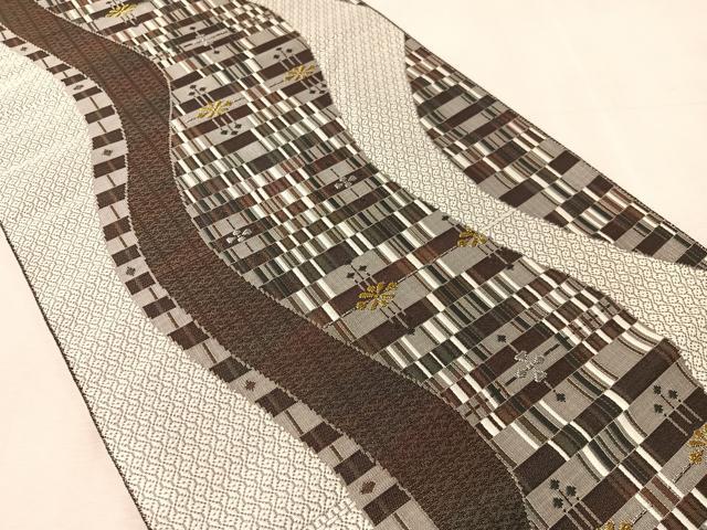 平和屋着物●本場筑前博多織 八寸名古屋帯 よろけ縞花文 金銀糸 正絹 逸品 CABK4541vp