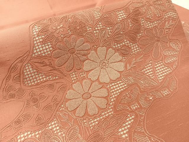 平和屋着物●中国三大刺繍 スワトウ相良刺繍 総刺繍 九寸名古屋帯 紬地 道長花文 蘇芳香色 証紙付き 正絹 逸品 未使用 CABK4569vp