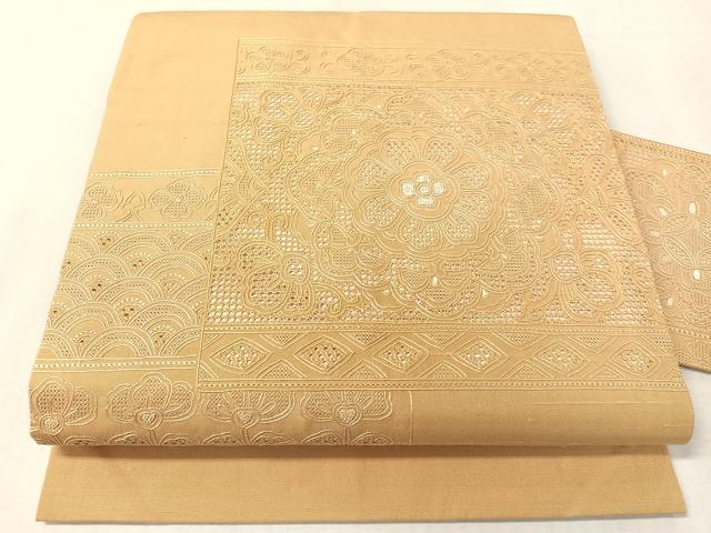 平和屋着物●中国三大刺繍 スワトウ相良刺繍 総刺繍 九寸名古屋帯 紬地 色紙吉祥花文 飴色 正絹 逸品 未使用 CABK4571vp
