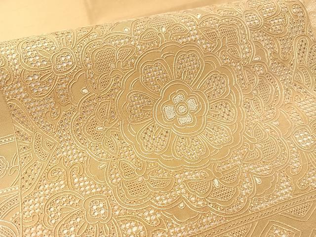 平和屋着物●中国三大刺繍 スワトウ相良刺繍 総刺繍 九寸名古屋帯 紬地 色紙吉祥花文 飴色 正絹 逸品 未使用 CABK4571vp