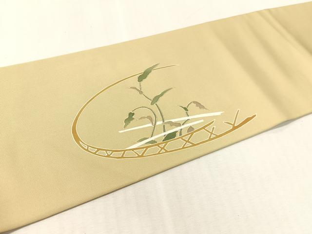 平和屋着物●塩瀬 九寸名古屋帯 駒刺繍 草木文 木蘭色地 金彩 正絹 逸品 CABK4588vp