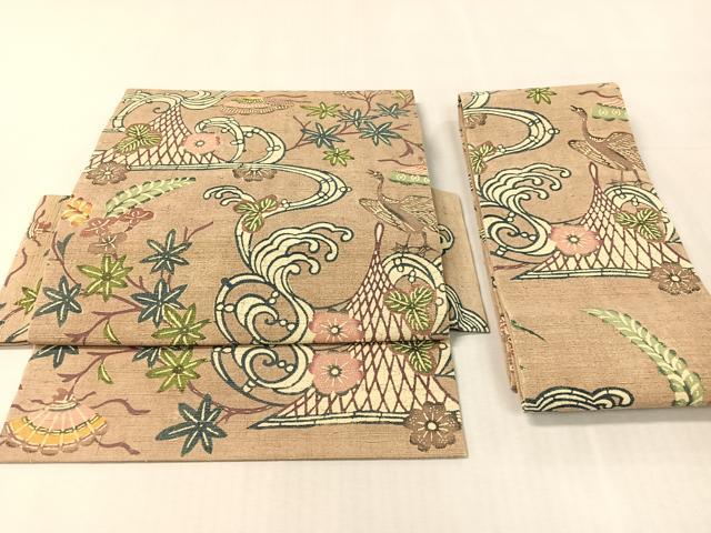平和屋着物●つけ帯 紬地 型染め 立波花鳥文 正絹 逸品 未使用 CABK4632vp
