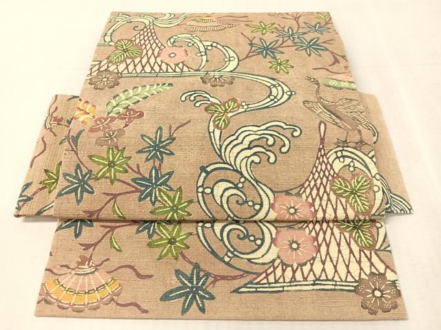 平和屋着物●つけ帯 紬地 型染め 立波花鳥文 正絹 逸品 未使用 CABK4632vp