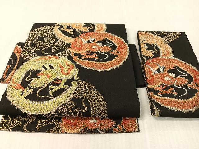 平和屋着物●アンティーク 大正ロマン つけ帯 唐織 雲龍 黒地 金銀糸 正絹 逸品 CABK4633vp