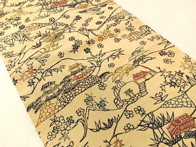 平和屋着物●つけ帯 型染め 風景花文 正絹 逸品 CABK4643vp