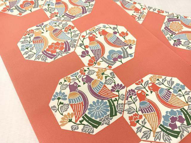 平和屋着物●塩瀬 全通柄 九寸名古屋帯 型染め 向かい鳥花文 正絹 逸品 未使用 CABK4651vp