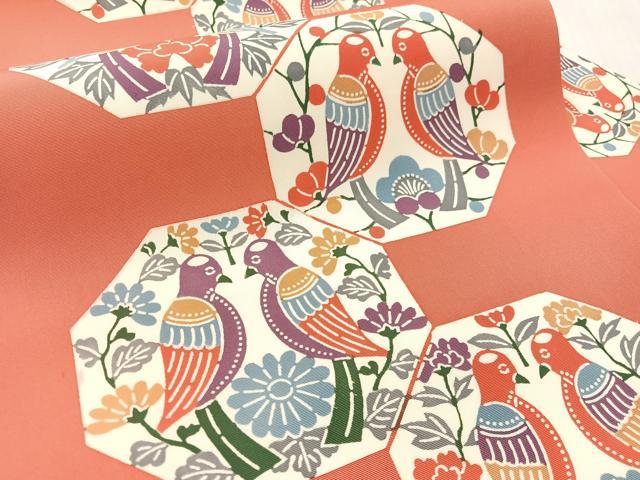 平和屋着物●塩瀬 全通柄 九寸名古屋帯 型染め 向かい鳥花文 正絹 逸品 未使用 CABK4651vp