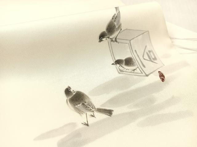 平和屋着物●塩瀬 九寸名古屋帯 作家物 手描き 雀 正絹 逸品 CABK4659vp