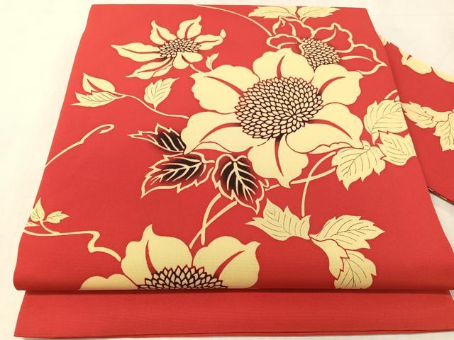 平和屋着物●塩瀬 全通柄 九寸名古屋帯 型染め 草花文 正絹 逸品 CABK4664vp