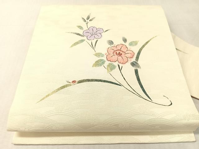 平和屋着物●九寸名古屋帯 作家物 手描き 草花文 正絹 逸品 CABK4673vp