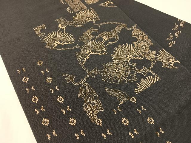 平和屋着物●九寸名古屋帯 印傳 雪輪飛鶴花松文 鬼しぼ縮緬 正絹 逸品 CABK4679vp
