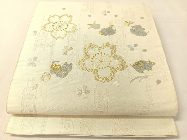 平和屋着物●太鼓柄袋帯 総刺繍 動物舞桜 金銀糸 正絹 逸品 CABK4694vp