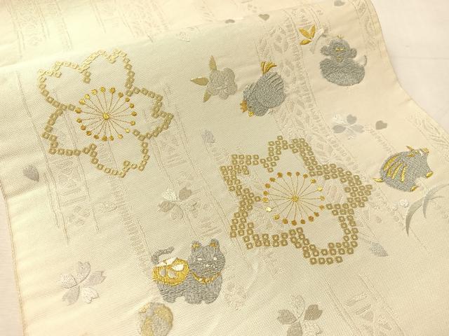 平和屋着物●太鼓柄袋帯 総刺繍 動物舞桜 金銀糸 正絹 逸品 CABK4694vp