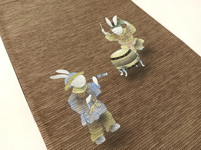 平和屋着物●両面 太鼓柄袋帯 手描き 紙布 兎 金彩 正絹 逸品 未使用 CABK4697vp
