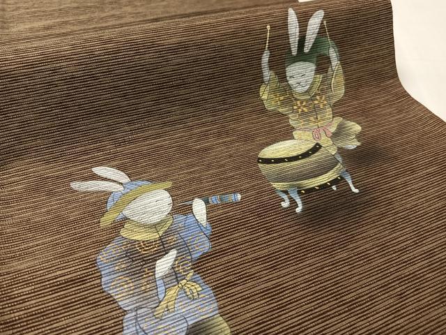 平和屋着物●両面 太鼓柄袋帯 手描き 紙布 兎 金彩 正絹 逸品 未使用 CABK4697vp