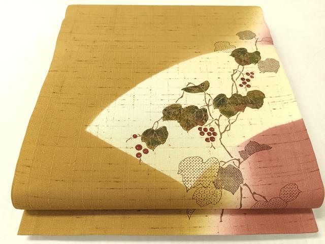 平和屋着物●両方向 太鼓柄袋帯 ぜんまい紬 葡萄蔦の葉文 金彩 正絹 逸品 未使用 CABK4699vp