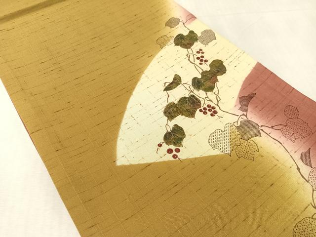 平和屋着物●両方向 太鼓柄袋帯 ぜんまい紬 葡萄蔦の葉文 金彩 正絹 逸品 未使用 CABK4699vp