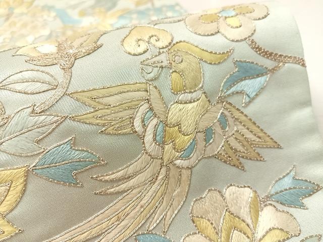 平和屋着物●西陣 川島織物 太鼓柄袋帯 総刺繍 駒刺繍 更紗花喰鳥 銀糸 正絹 逸品 未使用 CABK4712vp