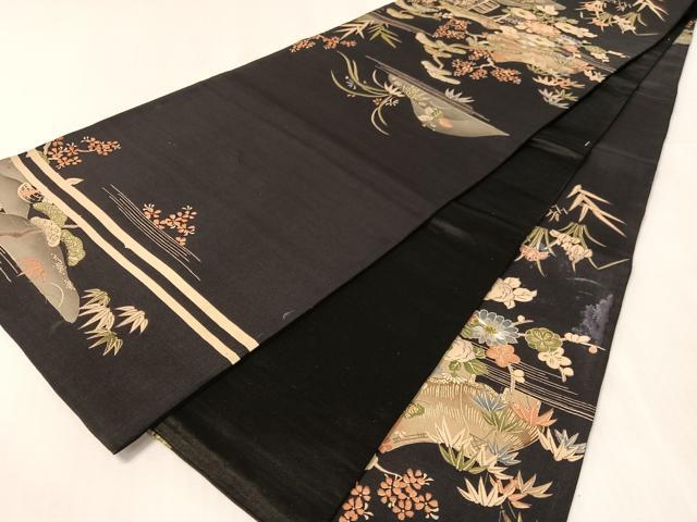 平和屋着物●アンティーク 大正ロマン 全通柄 京袋帯 駒刺繍 御所解文 引き抜き帯 黒地 銀糸 正絹 逸品 CABK4729vp