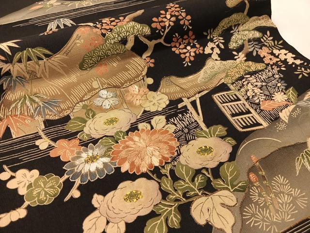 平和屋着物●アンティーク 大正ロマン 全通柄 京袋帯 駒刺繍 御所解文 引き抜き帯 黒地 銀糸 正絹 逸品 CABK4729vp