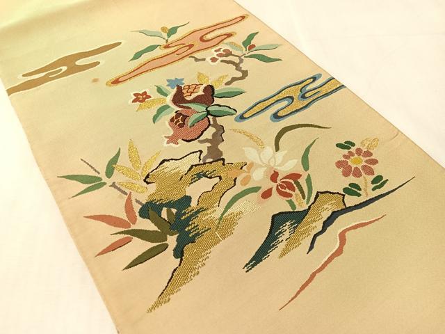 平和屋着物●爪掻き本綴れ 太鼓柄袋帯 霞草花文 金糸 正絹 逸品 CABK4766vp