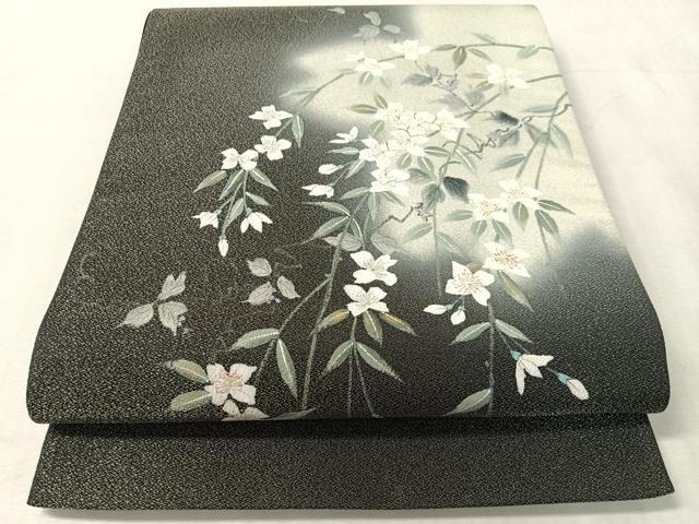 平和屋着物●友禅作家 高橋り明 太鼓柄袋帯 手描き 枝垂れ花文 黒地 銀通し地 さが美扱い 正絹 逸品 未使用 CABK4773vp