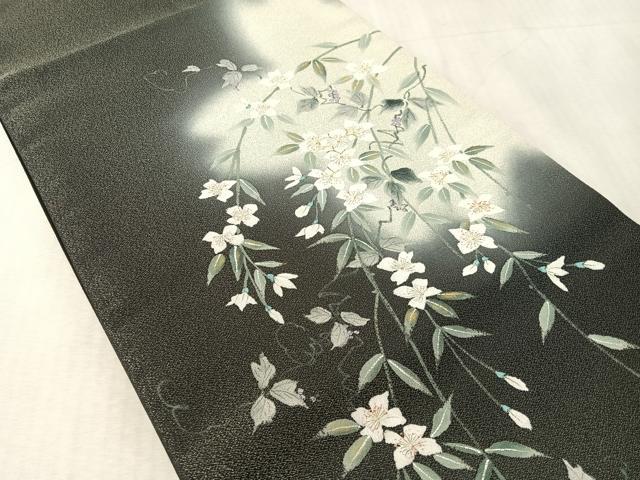 平和屋着物●友禅作家 高橋り明 太鼓柄袋帯 手描き 枝垂れ花文 黒地 銀通し地 さが美扱い 正絹 逸品 未使用 CABK4773vp