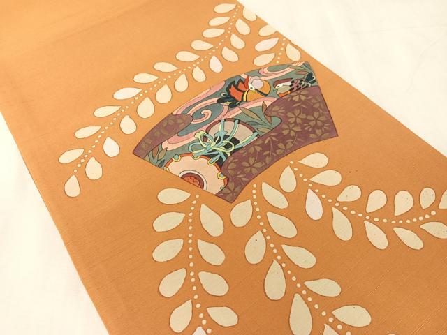 平和屋着物●両面 太鼓柄袋帯 作家物 手描き 紬地 地紙鴛鴦花鼓文 金糸 正絹 逸品 CABK4777vp
