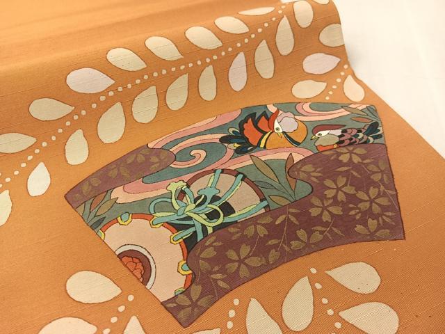 平和屋着物●両面 太鼓柄袋帯 作家物 手描き 紬地 地紙鴛鴦花鼓文 金糸 正絹 逸品 CABK4777vp