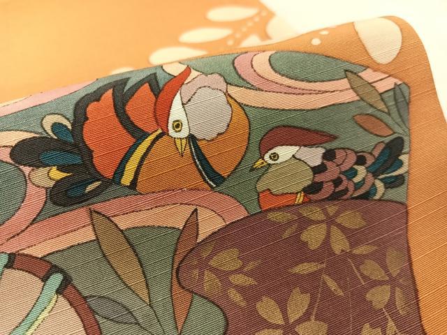 平和屋着物●両面 太鼓柄袋帯 作家物 手描き 紬地 地紙鴛鴦花鼓文 金糸 正絹 逸品 CABK4777vp