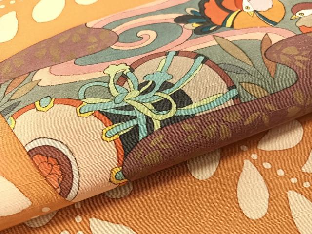 平和屋着物●両面 太鼓柄袋帯 作家物 手描き 紬地 地紙鴛鴦花鼓文 金糸 正絹 逸品 CABK4777vp