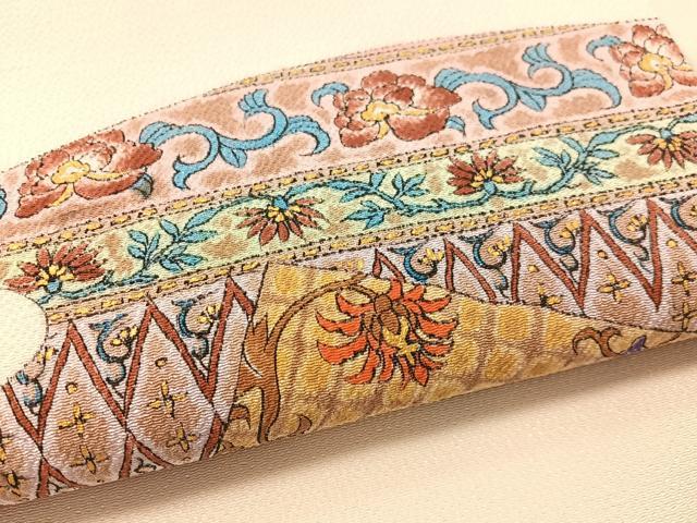 平和屋着物●九寸名古屋帯 道長更紗唐草文 金彩 鬼しぼ縮緬 正絹 逸品 CABK4789vp