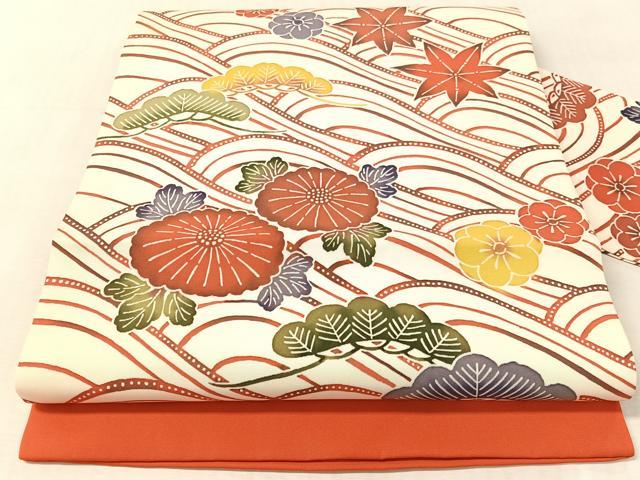 平和屋着物●塩瀬 全通柄 九寸名古屋帯 紅型 立波花松文 正絹 逸品 CABK4794vp