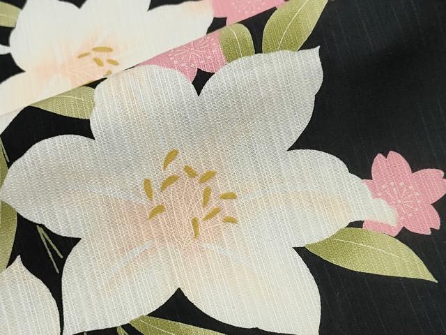 平和屋着物∴夏物 浴衣 百合 舞桜 黒地 綿 逸品 CABK5205ng