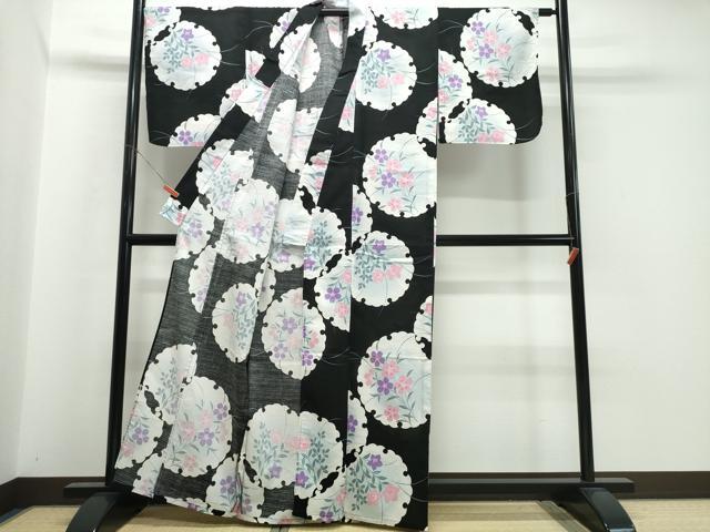 平和屋着物∴夏物 浴衣 雪輪草花文 黒地 綿 逸品 CABK5208ng