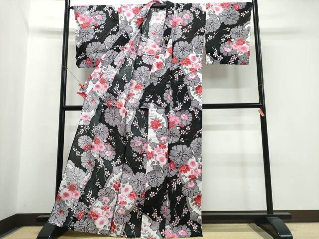 平和屋着物∴夏物 浴衣 霞枝桜 黒地 綿 逸品 CABK5210ng