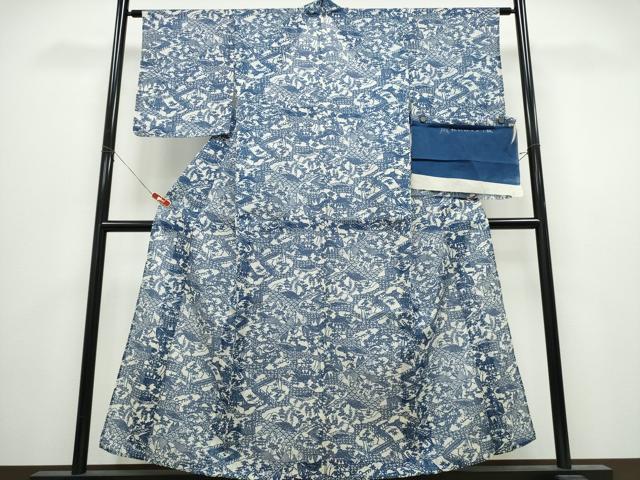 平和屋着物∴夏物 小紋・浴衣兼用 絹紅梅 風景文 反端付き 絹綿 逸品 CABK5222ng