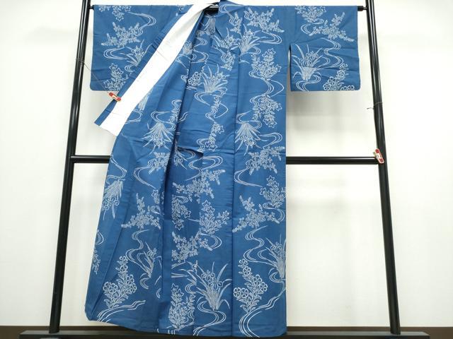 平和屋着物∴夏物 浴衣 注染 手縫い 流水草花文 綿 逸品 CABK5303ng
