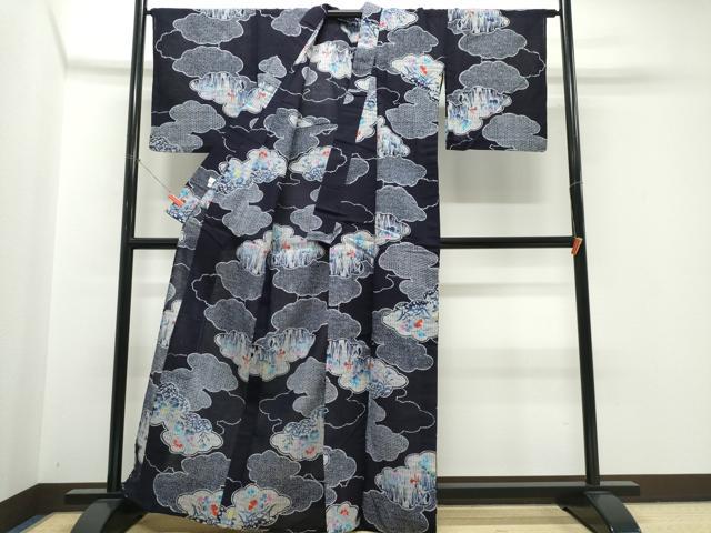 平和屋着物∴夏物 浴衣 注染 雲重ね草花文 綿 逸品 CABK5377ng