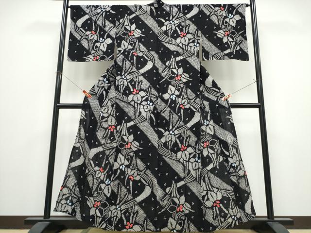 平和屋着物∴夏物 浴衣 有松鳴海絞り 流水杜若 黒地 綿 逸品 CABK5419ng