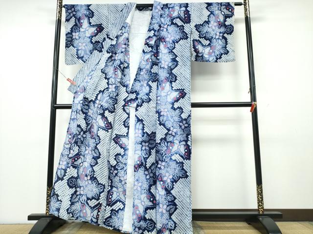 平和屋着物∴夏物 浴衣 有松鳴海絞り 舞蝶草花文 綿 逸品 CABK5436ng