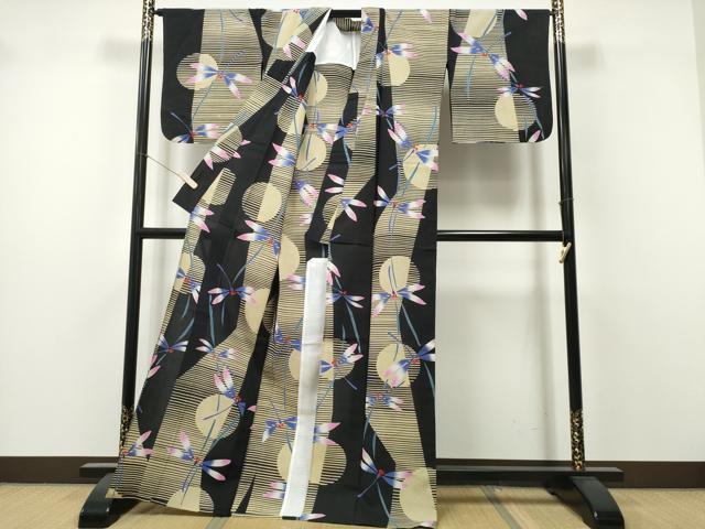 平和屋着物∴夏物 浴衣 注染 手縫い 満月蜻蛉横段文 黒地 綿 逸品 CABK5509ng